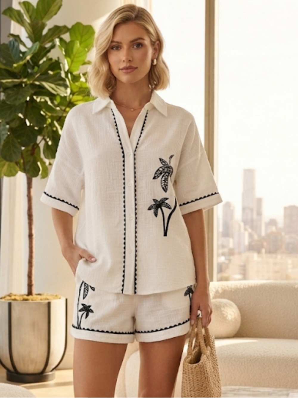 New Women’s White Closet Two-Piece Palm Embroidered Lounge Set size S